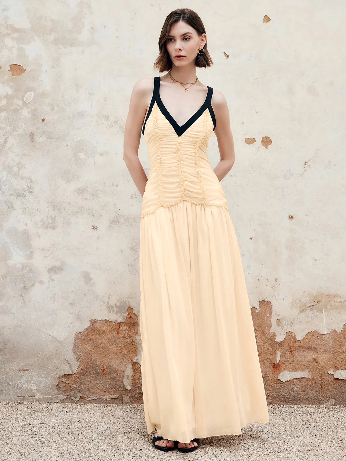 Contrast Binding Pleated Long Dress - Takermore