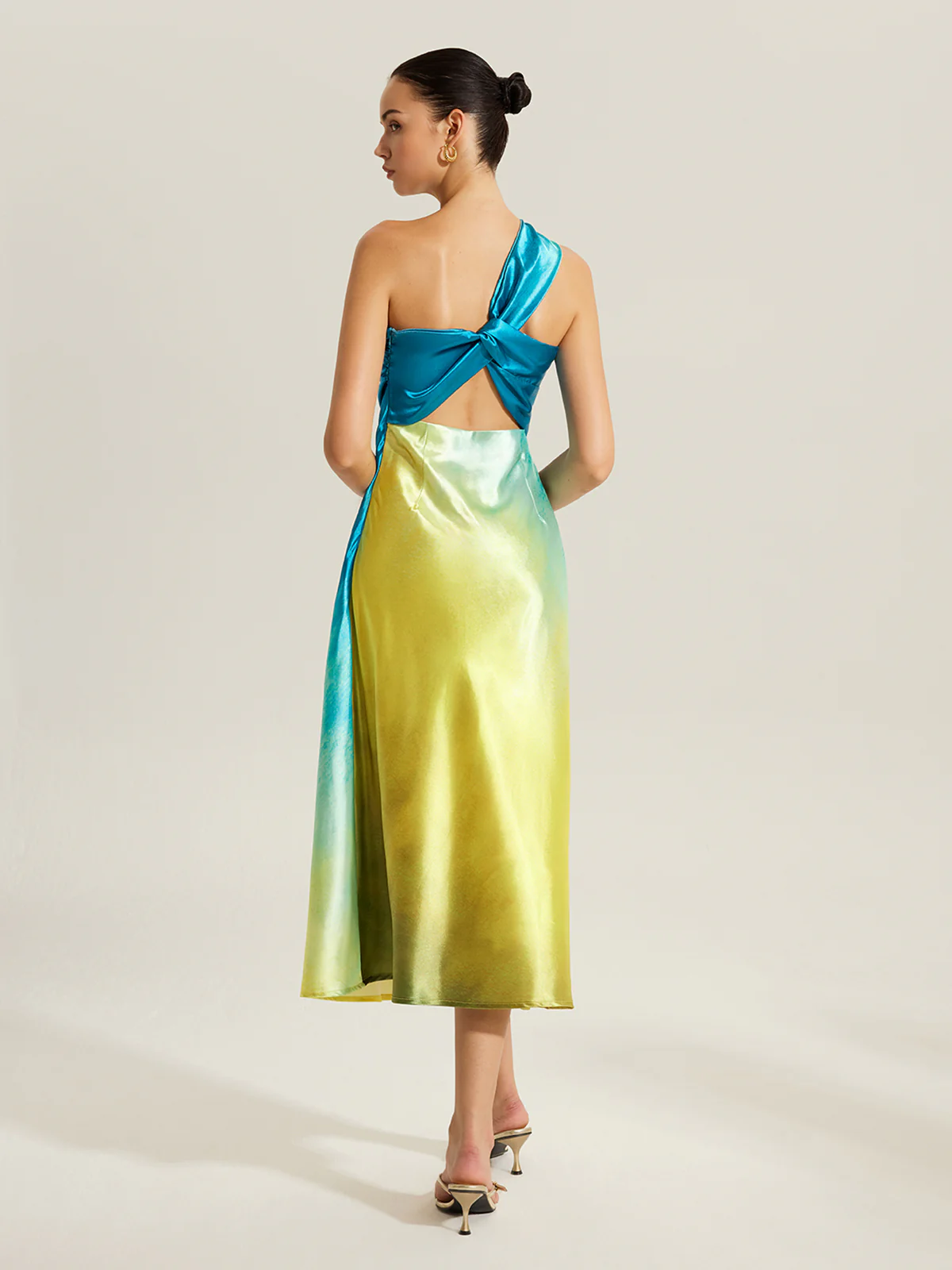Gradient Satin One-Shoulder Dress With Back Twist Detail - Takermore