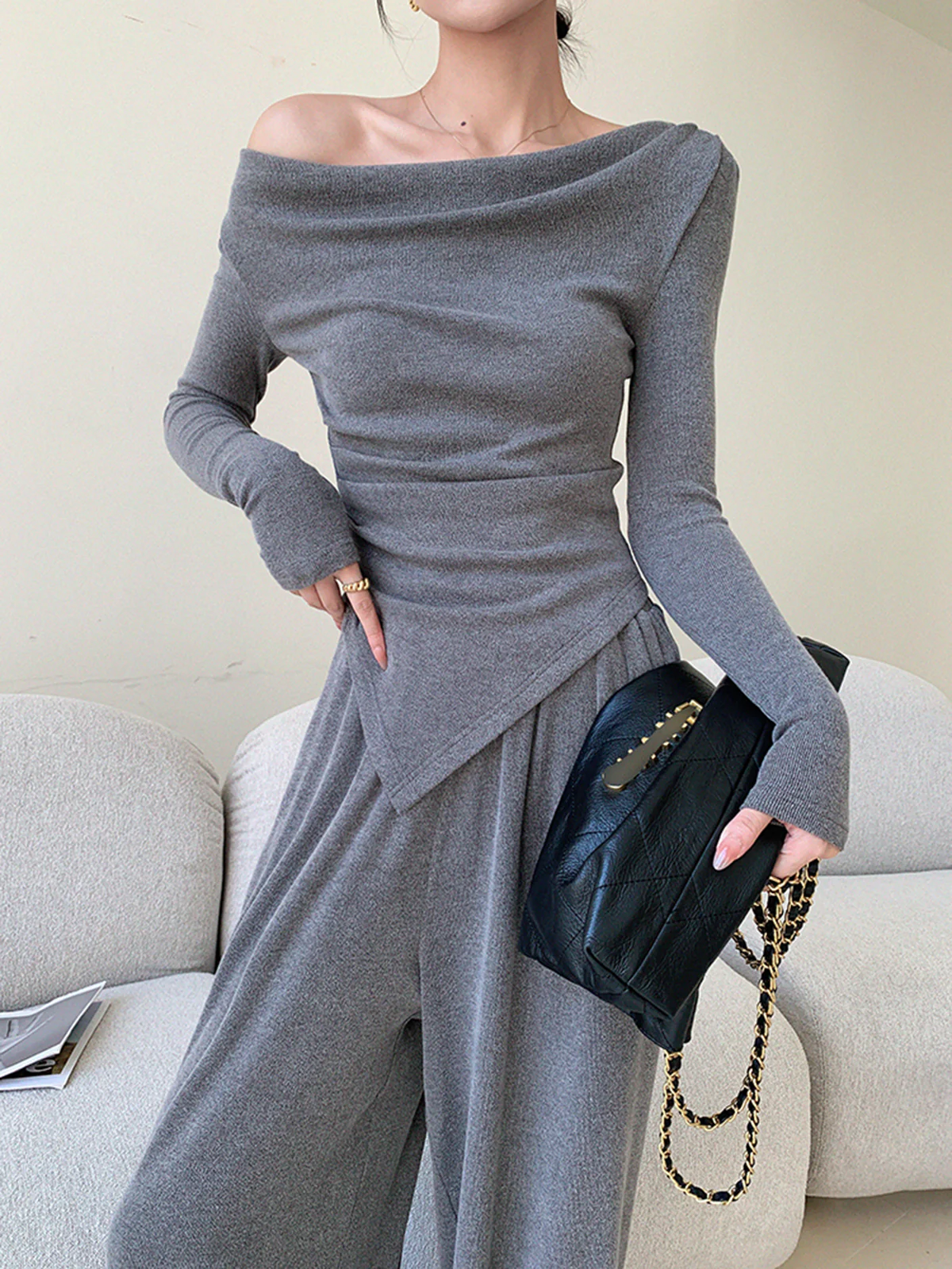 Plain Asymmetrical Draped Pants Set - Takermore