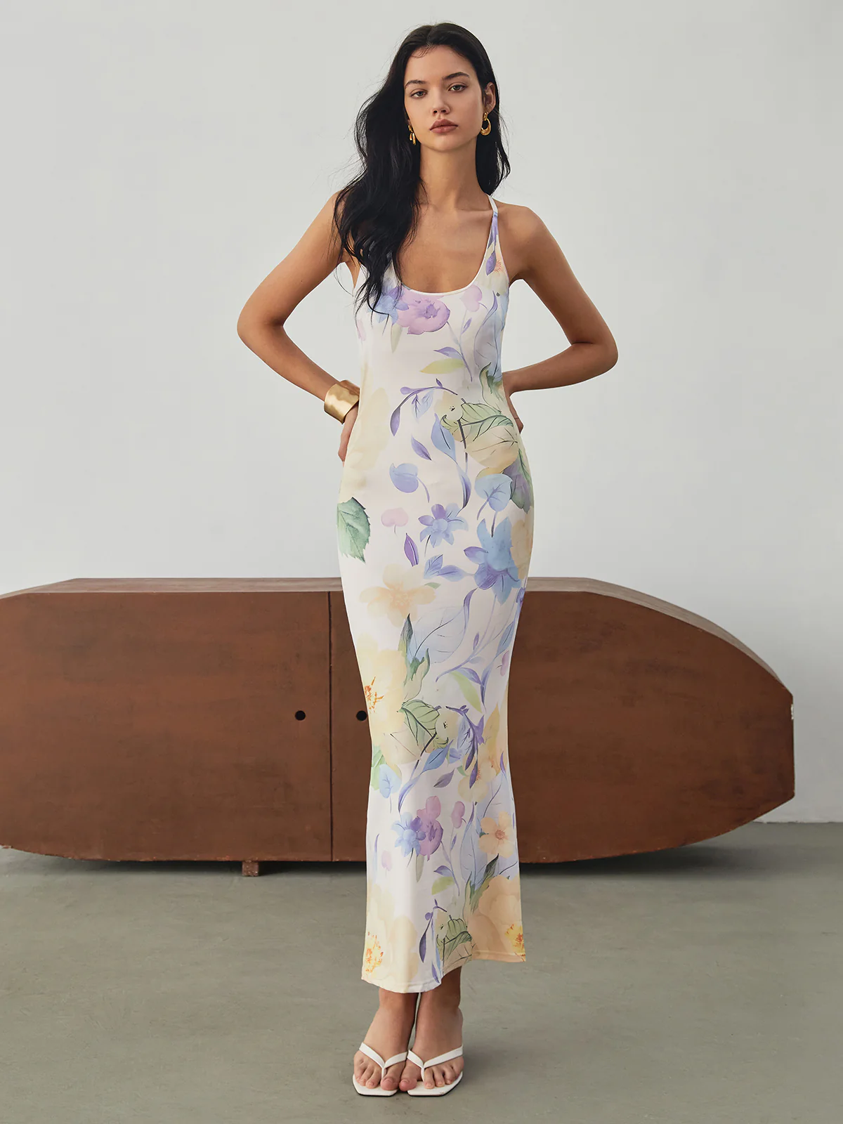 Multi Floral Print Backless Long Dress - Takermore