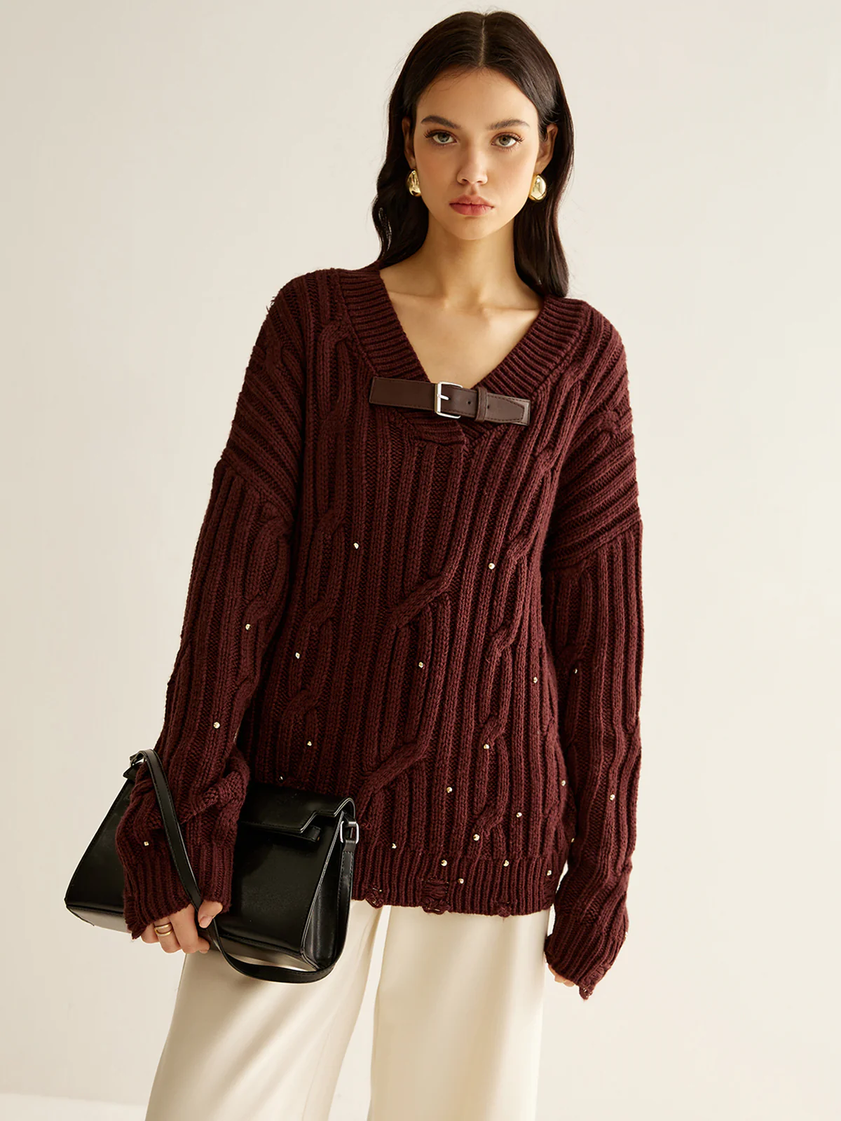 Buckle Belted Beaded Knit Top - Takermore