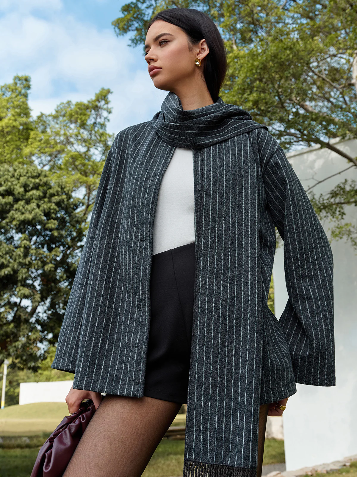 Pinstripe Button Blazer With Matching Tassel Scarf - Takermore