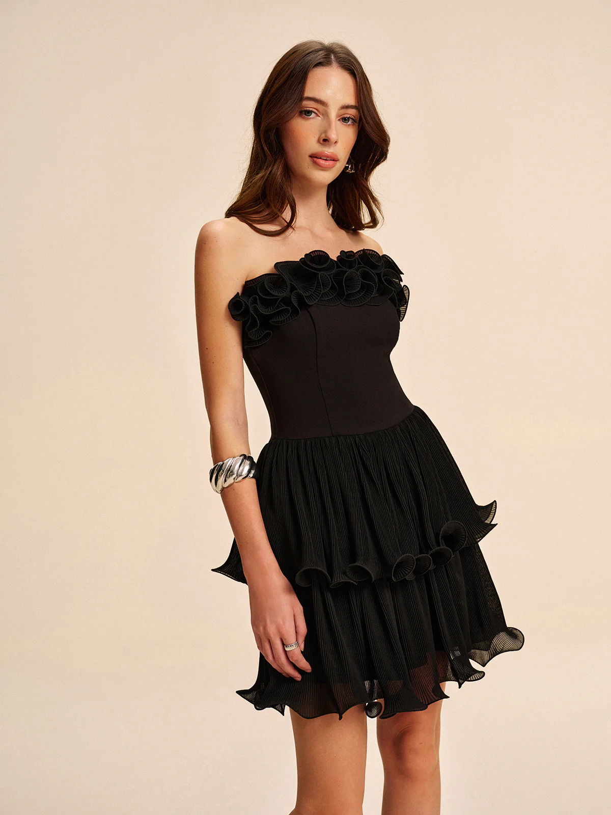 Ruffled Floral Strapless Dress - Takermore