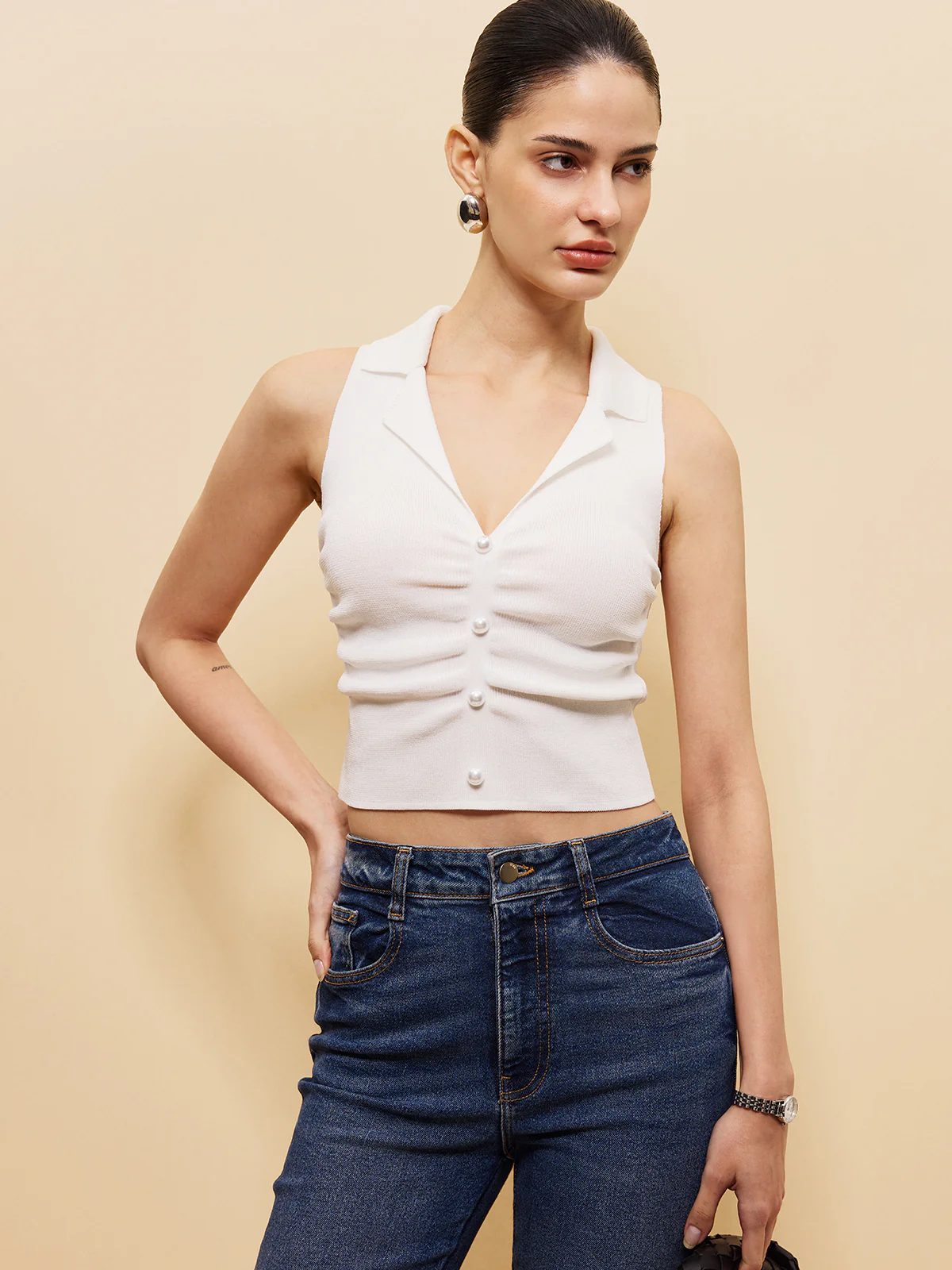 Sleeveless Button-Front Crop Sweater Vest - Takermore