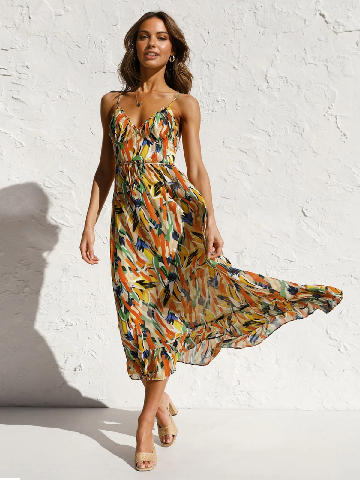 Multi Color Print Cami Midi Dress - Takermore