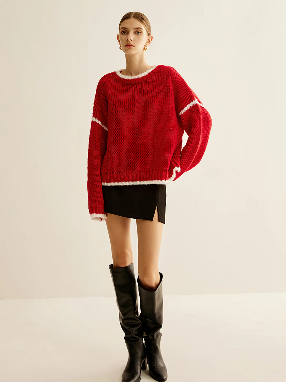 Crew Neck Contrast Binding Sweater - Takermore