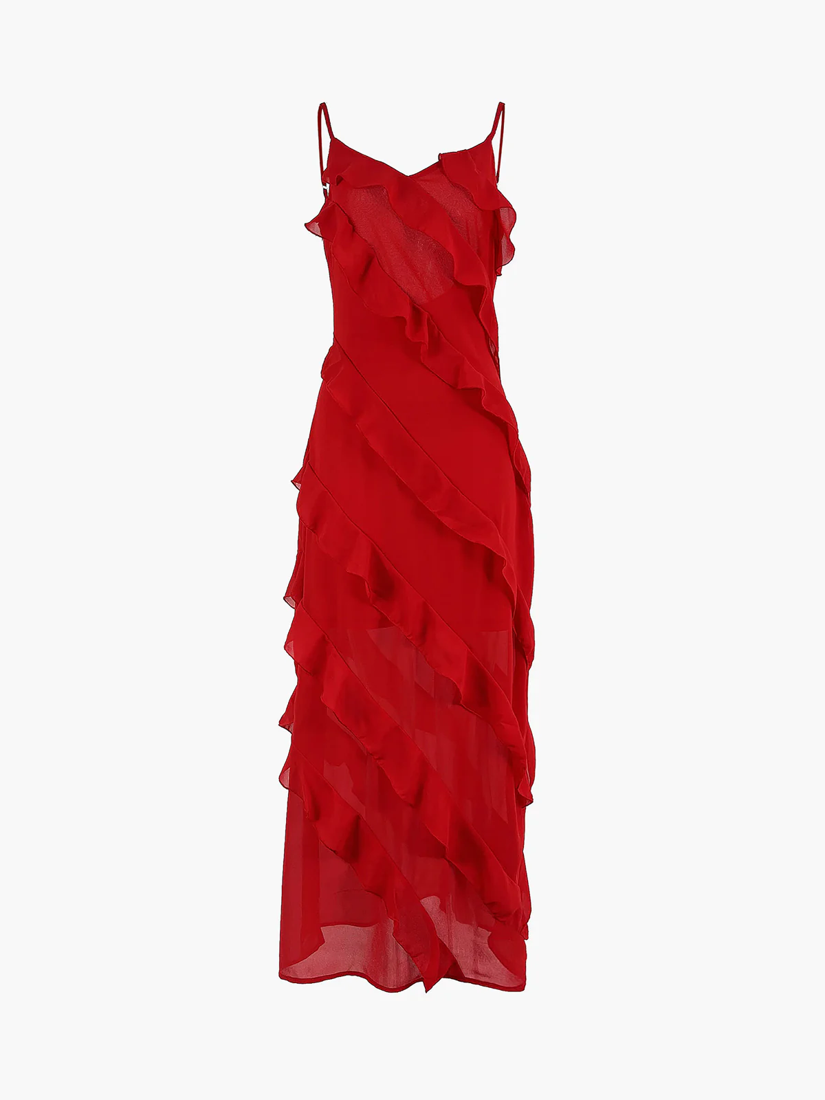 Semi-Sheer Ladder Ruffle Zippered Long Dress - Takermore