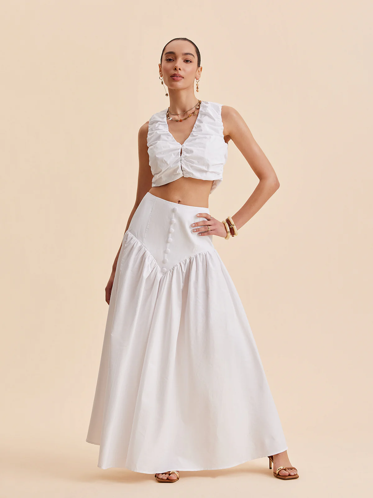 Ruched Crop Top With Buttoned Skirt Set - Takermore