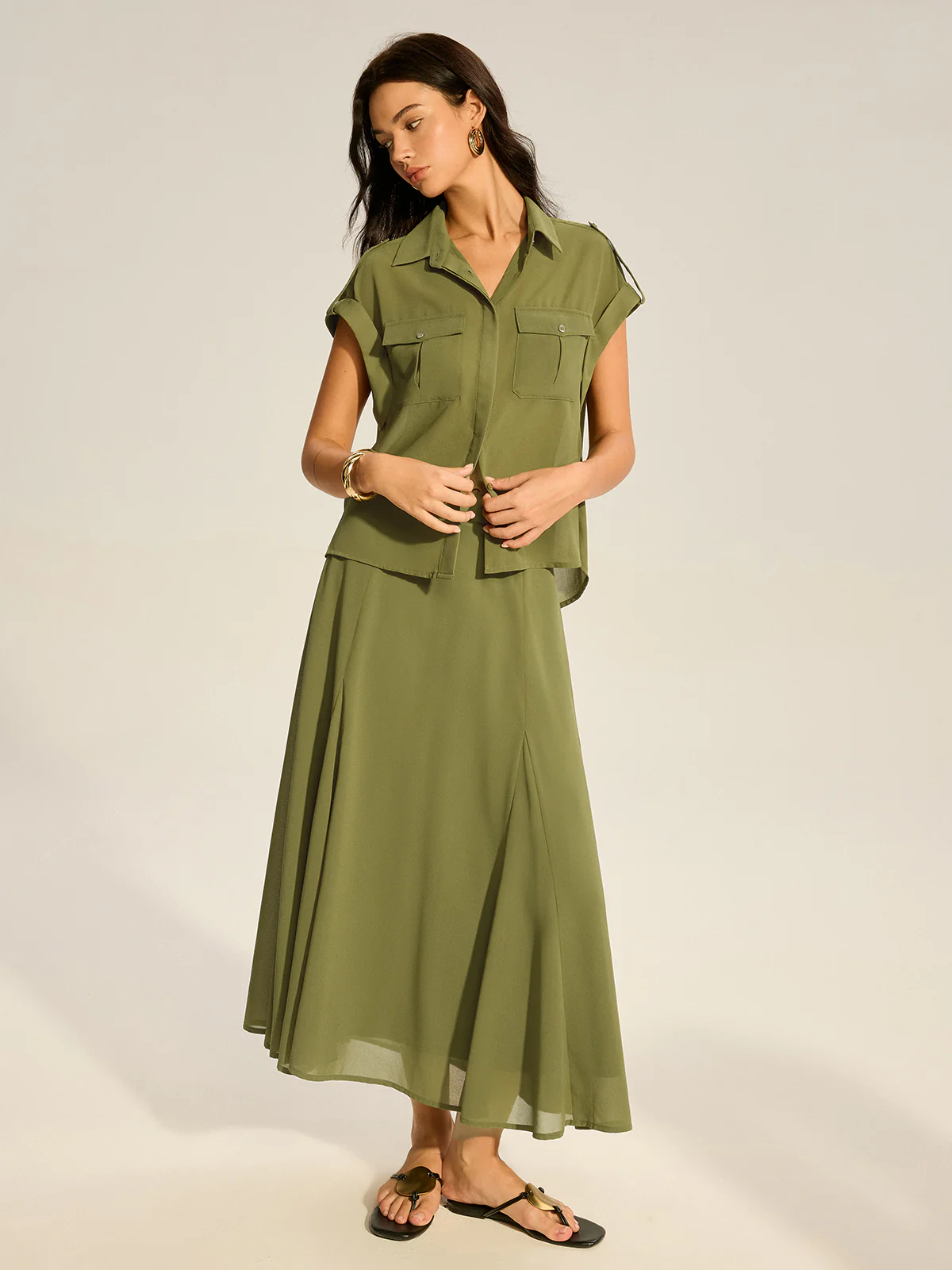 Rolled-Sleeve Pocketed Chiffon Shirt and Midi Skirt Set - Takermore
