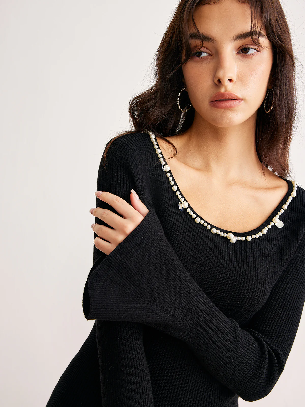 Pearl Trim Bell Sleeve Skinny Sweater - Takermore