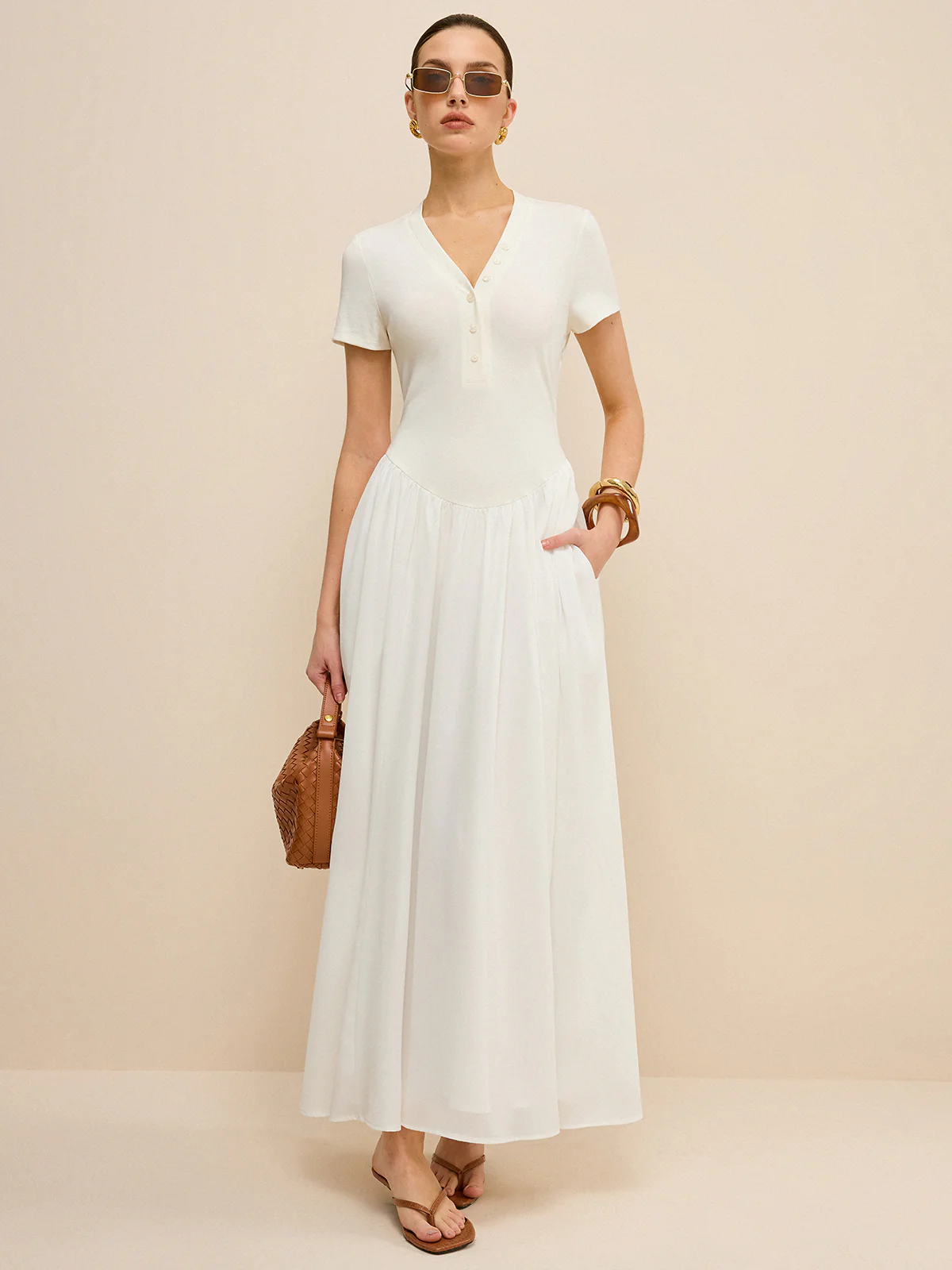 Button-Placket V-Neck Maxi Dress - Takermore