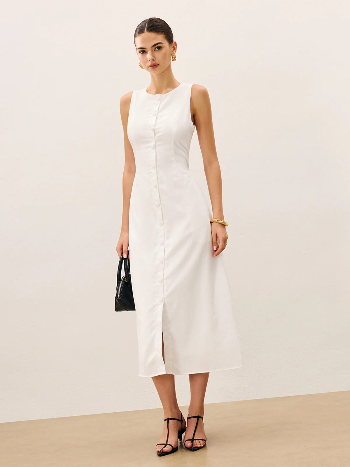 Cotton & Linen Button-Front Sleeveless Dress Without Belt - Takermore