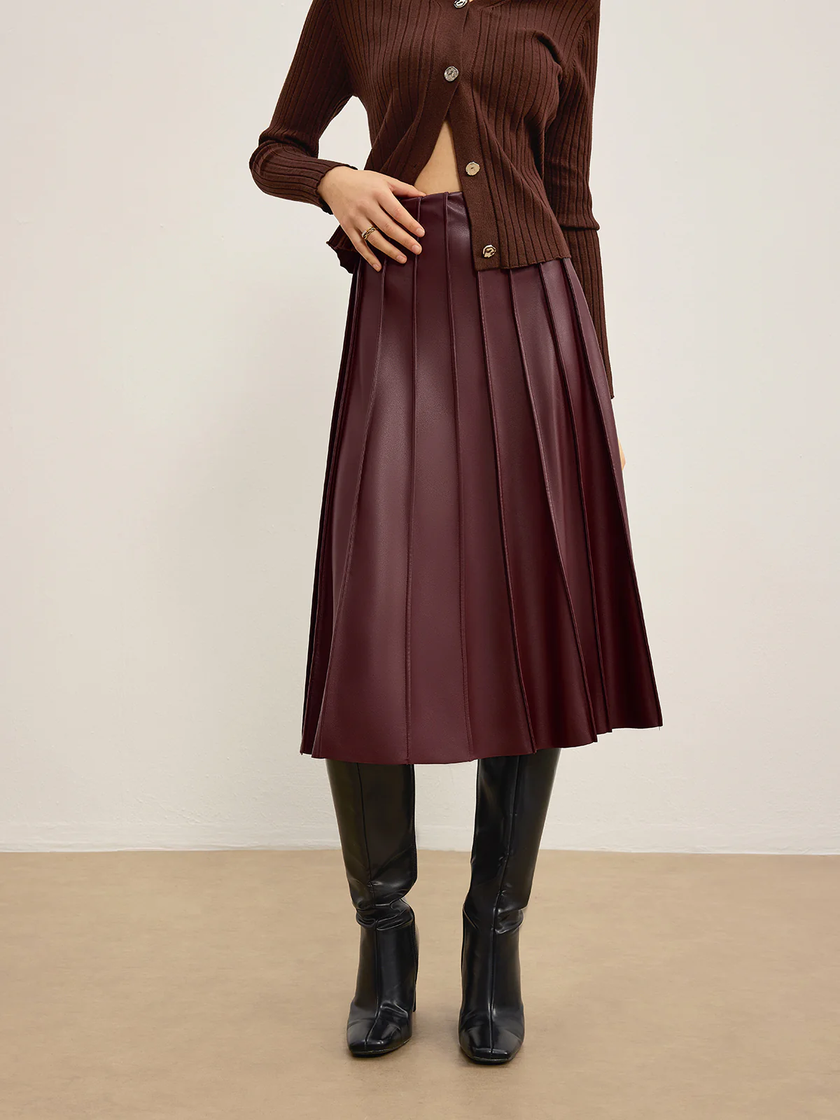 Faux Leather Pleated Midi Skirt - Takermore