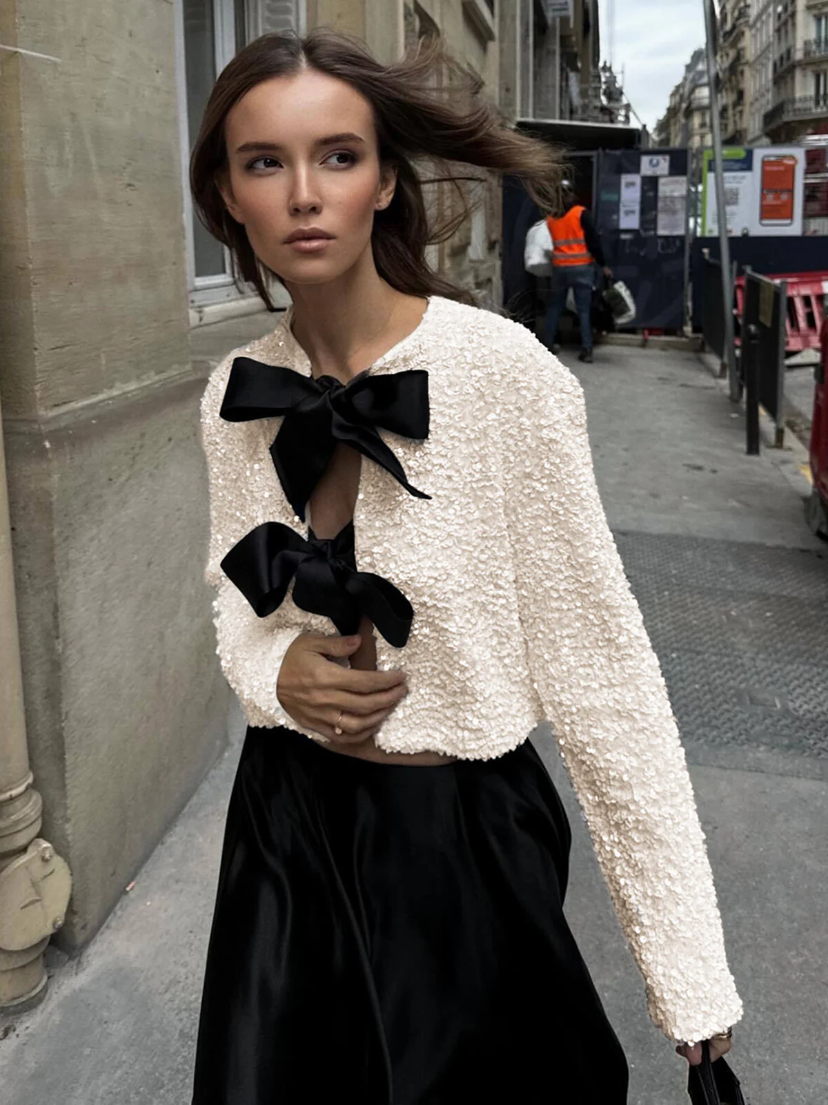 Sequined Velvet Bowknot Decor Jacket - Takermore