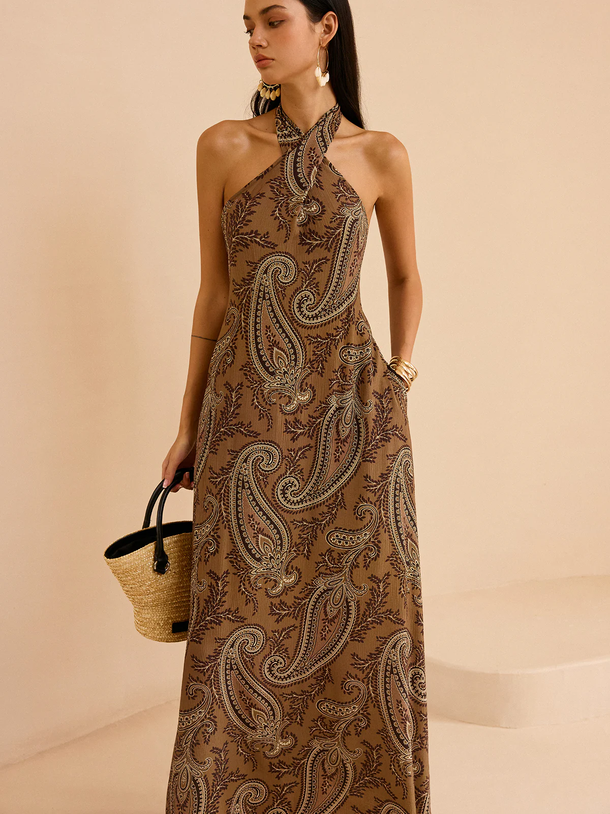 Paisley Print Halter Backless Maxi Dress - Takermore