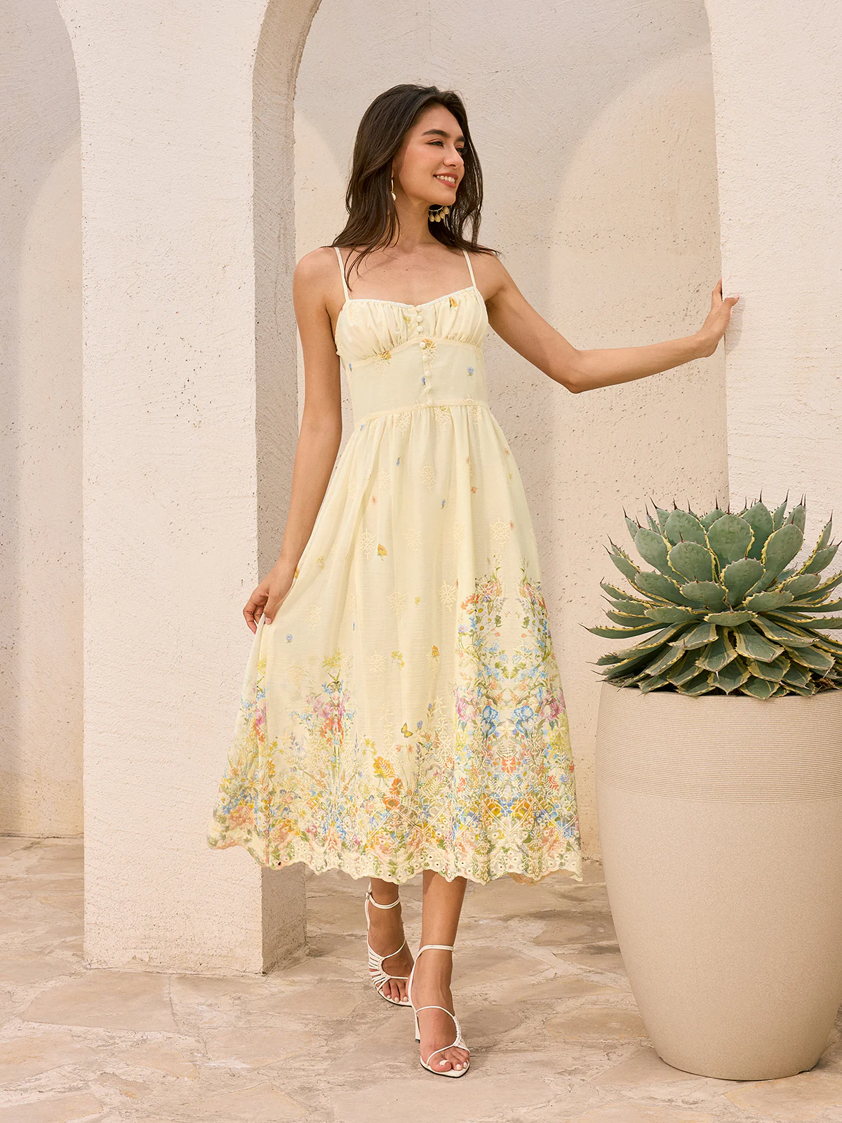 Floral Embroidered Midi Buttoned Dress - Takermore