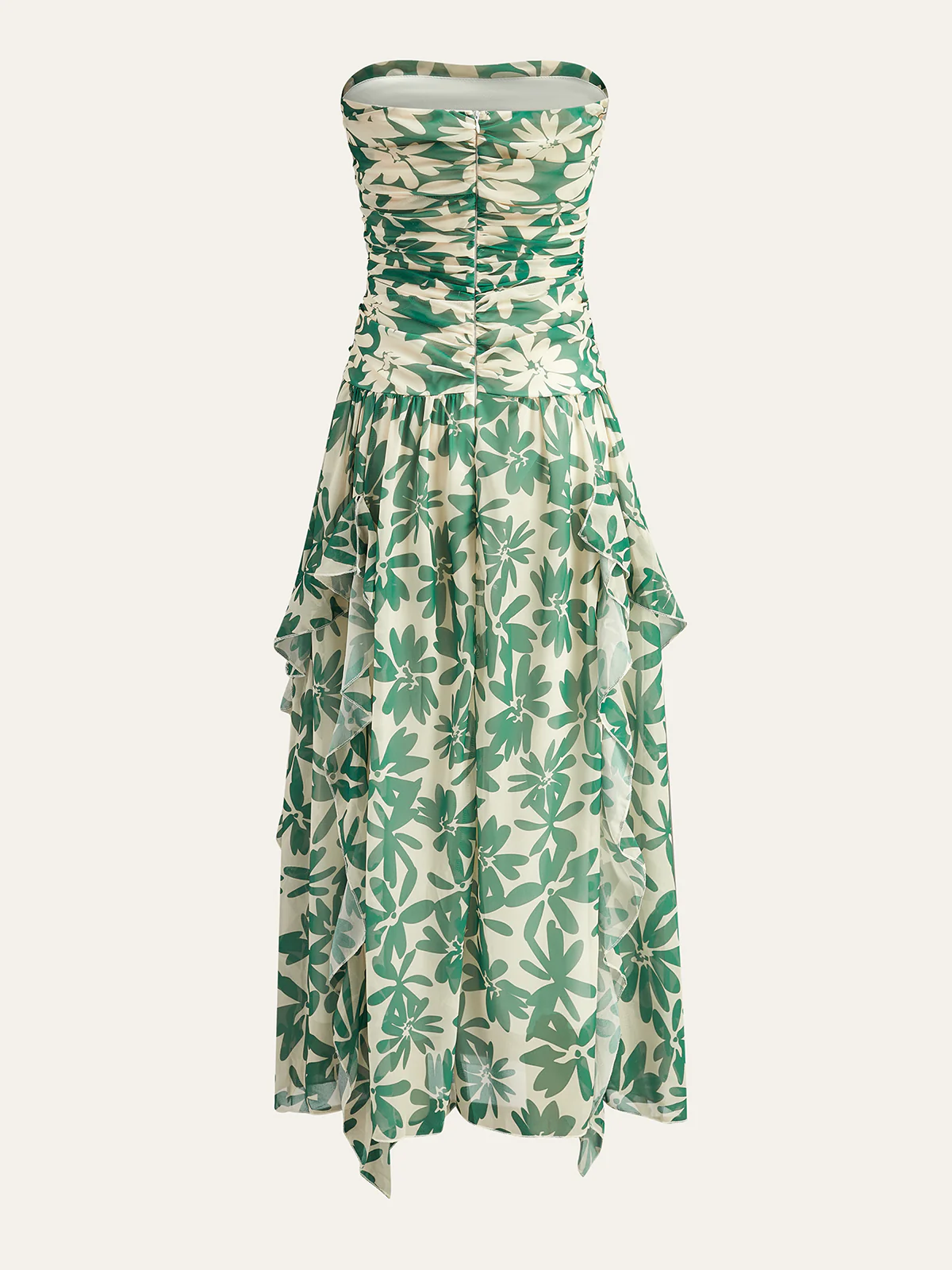 Floral Print Strapless Dress With Ruffled Detail - Takermore