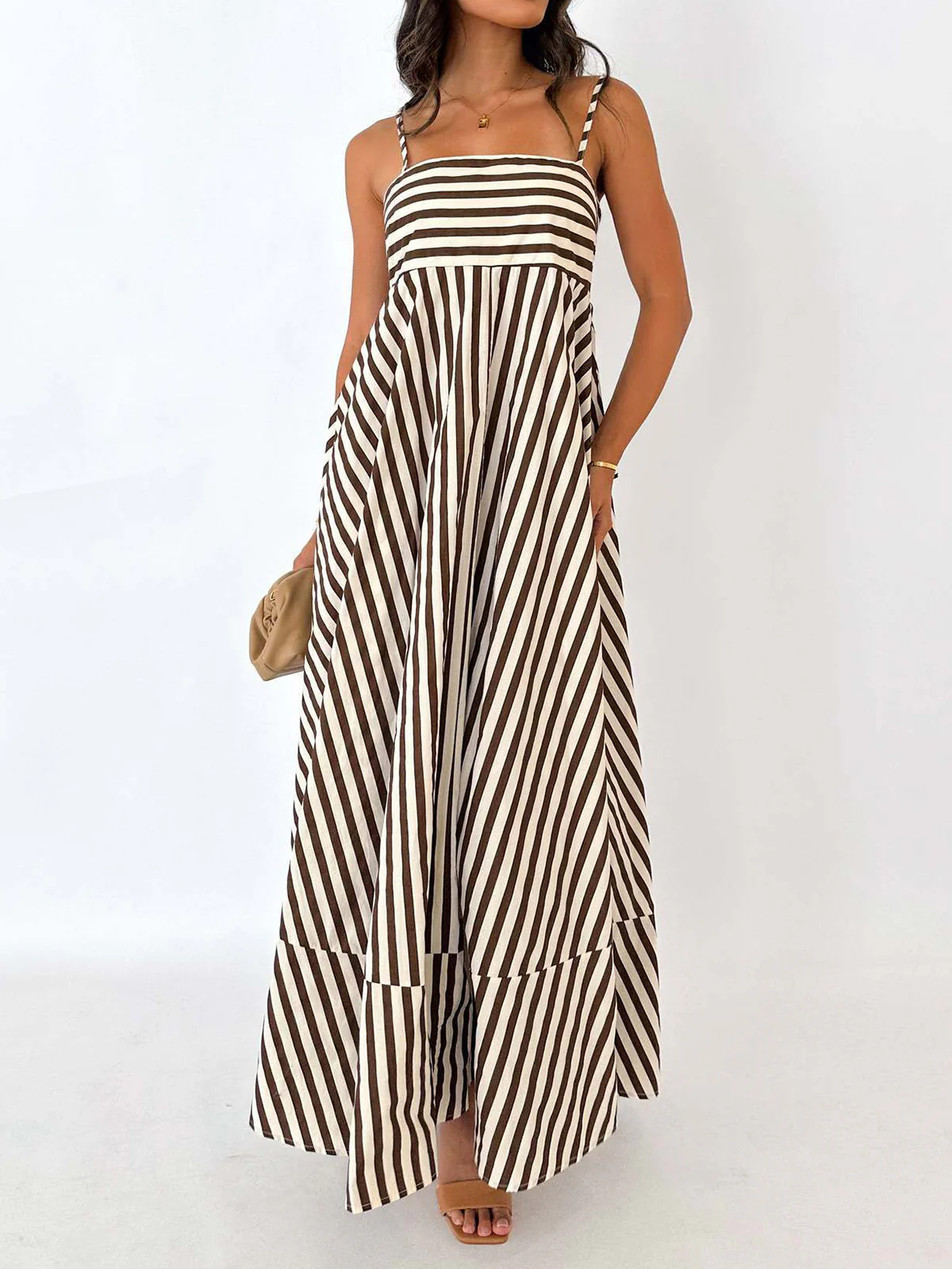 Striped Pleated Cami Long Dress - Takermore