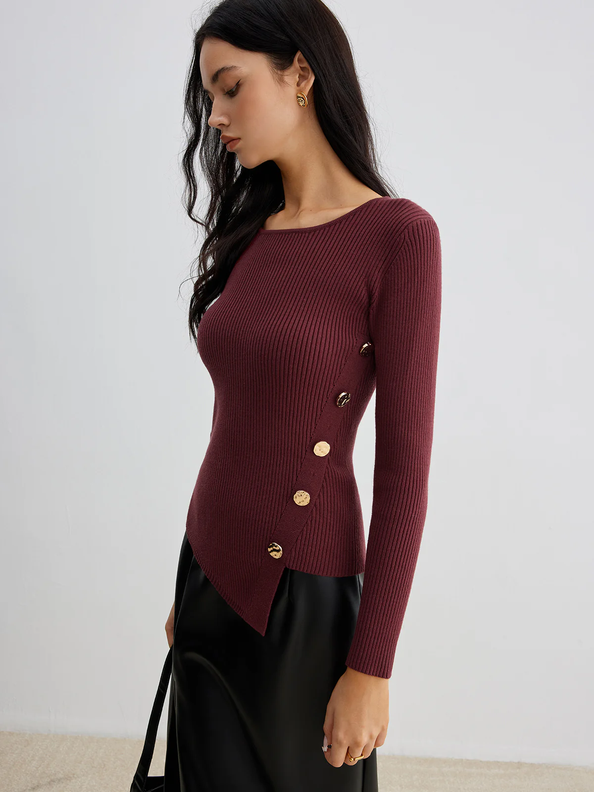 Asymmetrical Ribbed Slim Sweater - Takermore