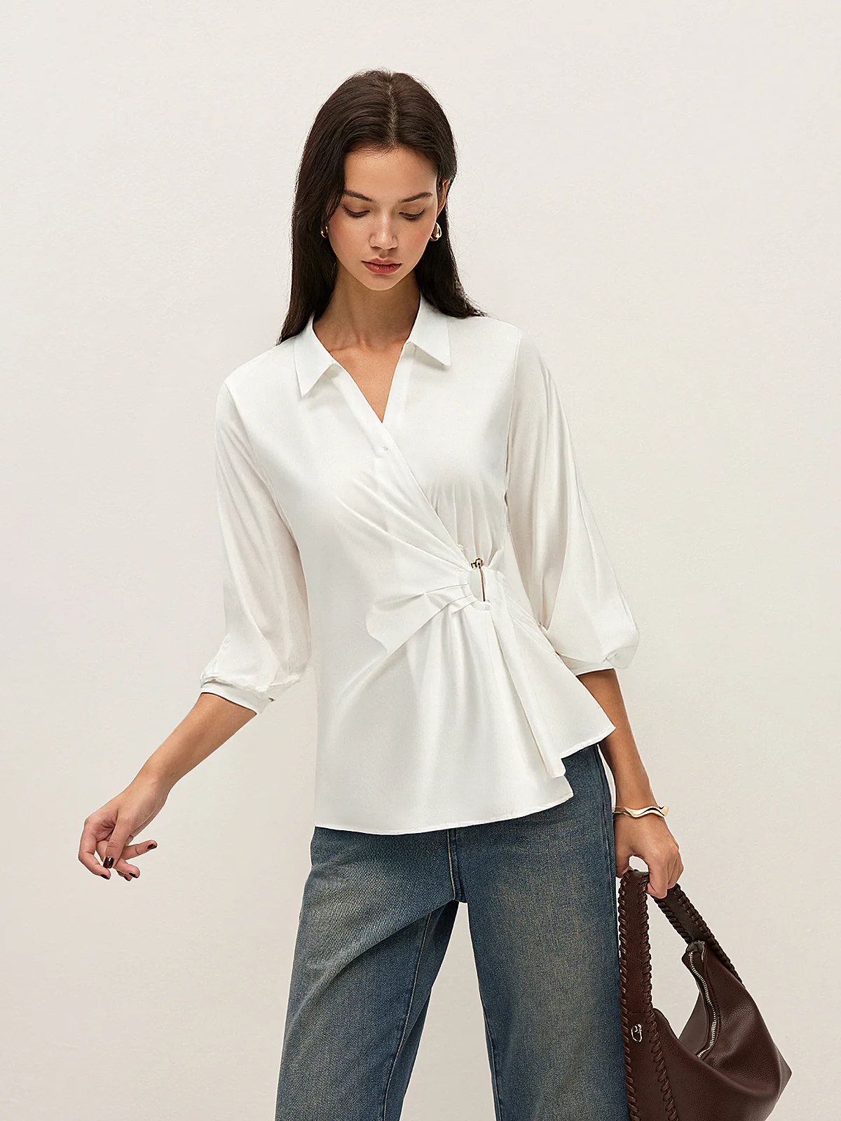 Asymmetric Wrap Shirt with Metal Buckle - Takermore