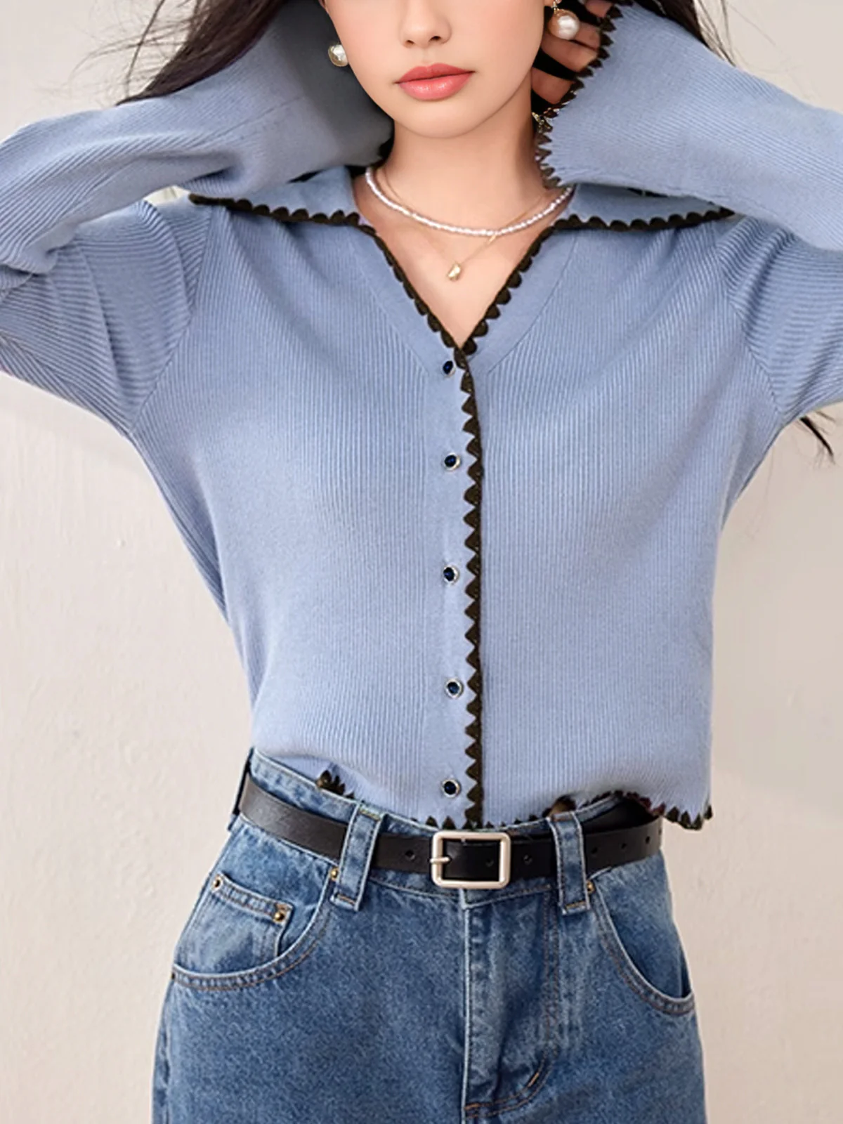 Embroidered Trim Lapel Cardigan - Takermore