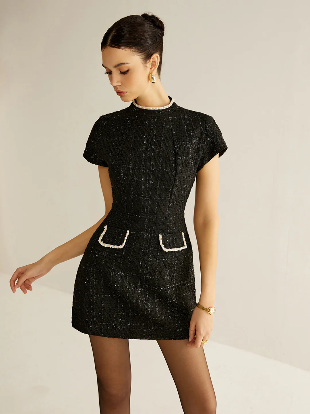 Elegant Short Sleeve Tweed Dress - Takermore