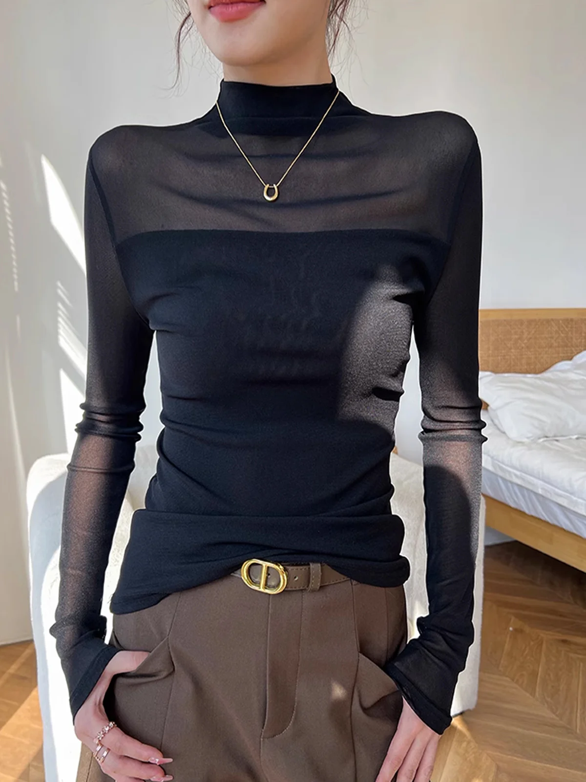 Mock Neck Sheer Mesh Panel T-Shirt - Takermore