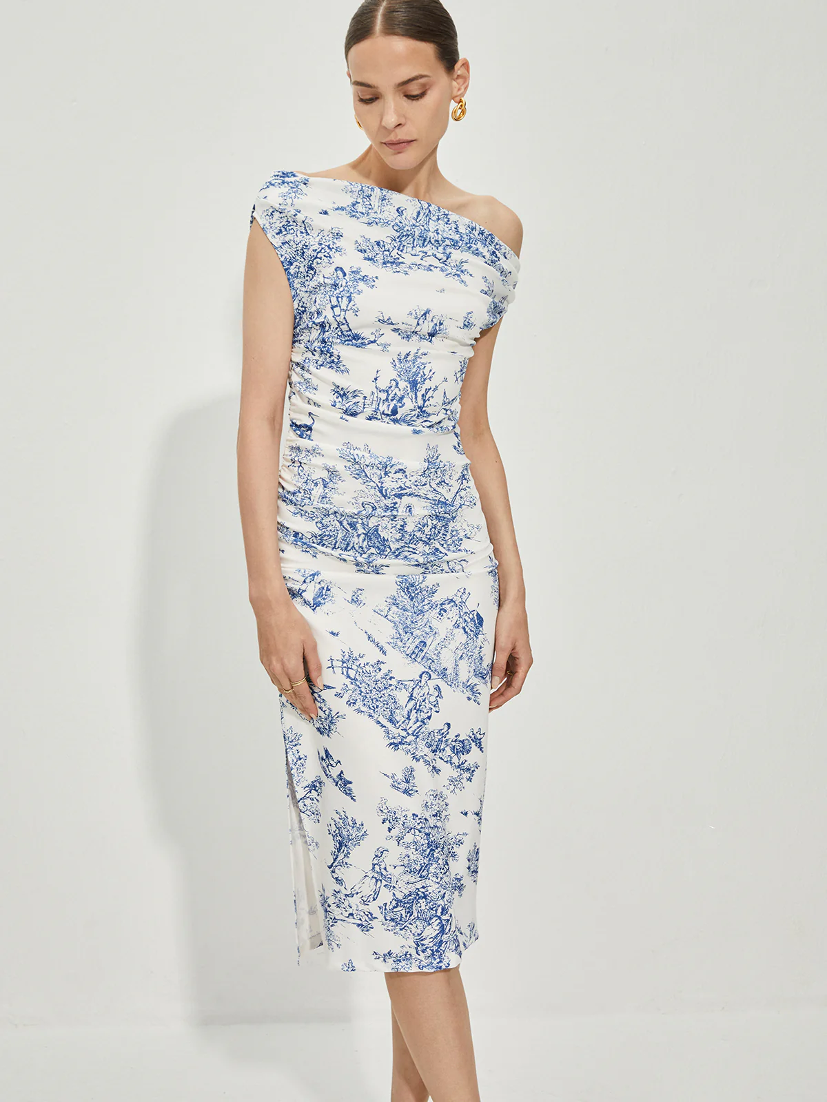 Print Straight Neck Split Dress - Takermore