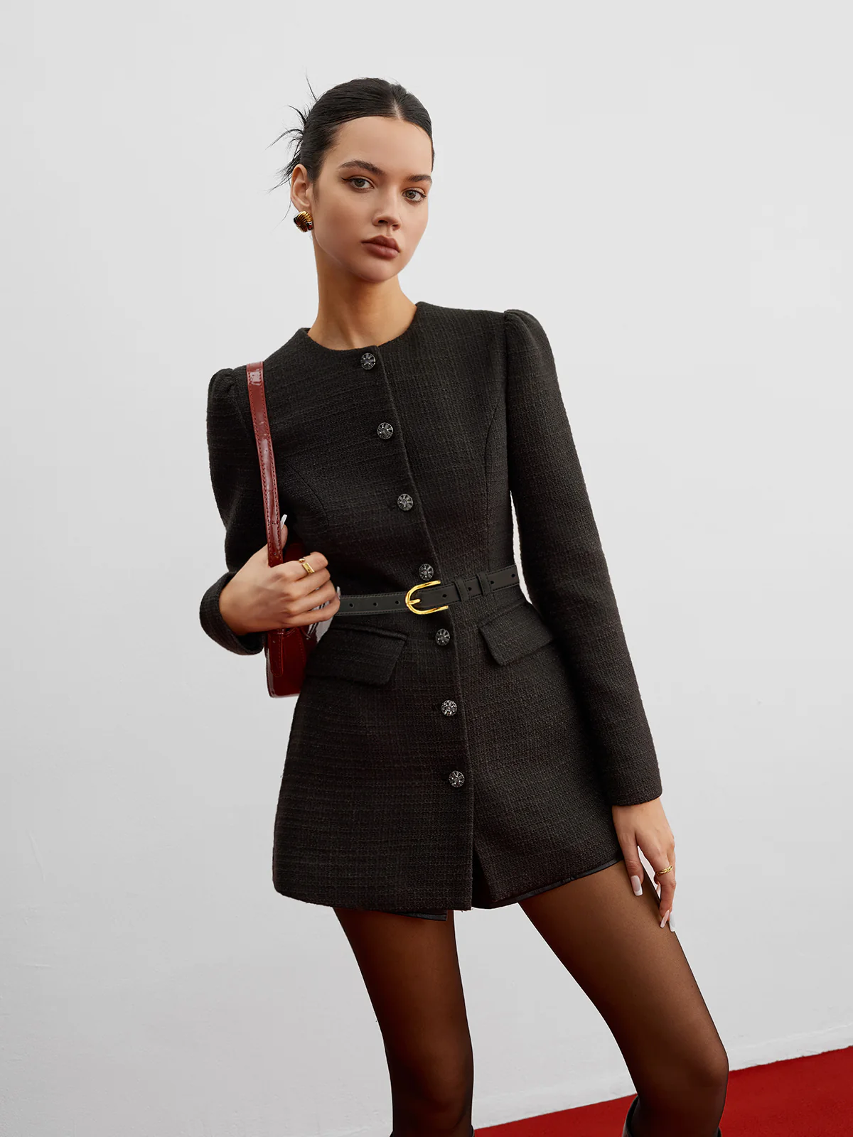 Elegant Button Down Tweed Blazer Without Belt - Takermore