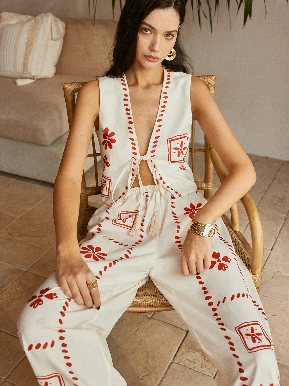 Print Knotted Tassel Pants Set - Takermore