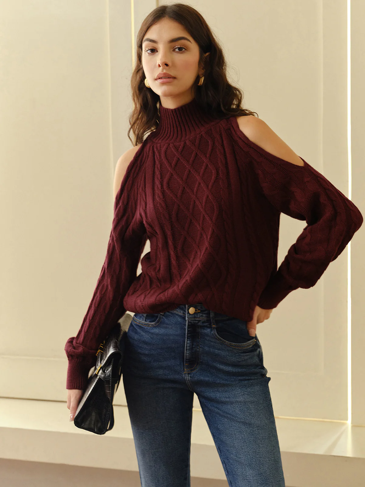Mock Neck Cold-Shoulder Knit Top - Takermore