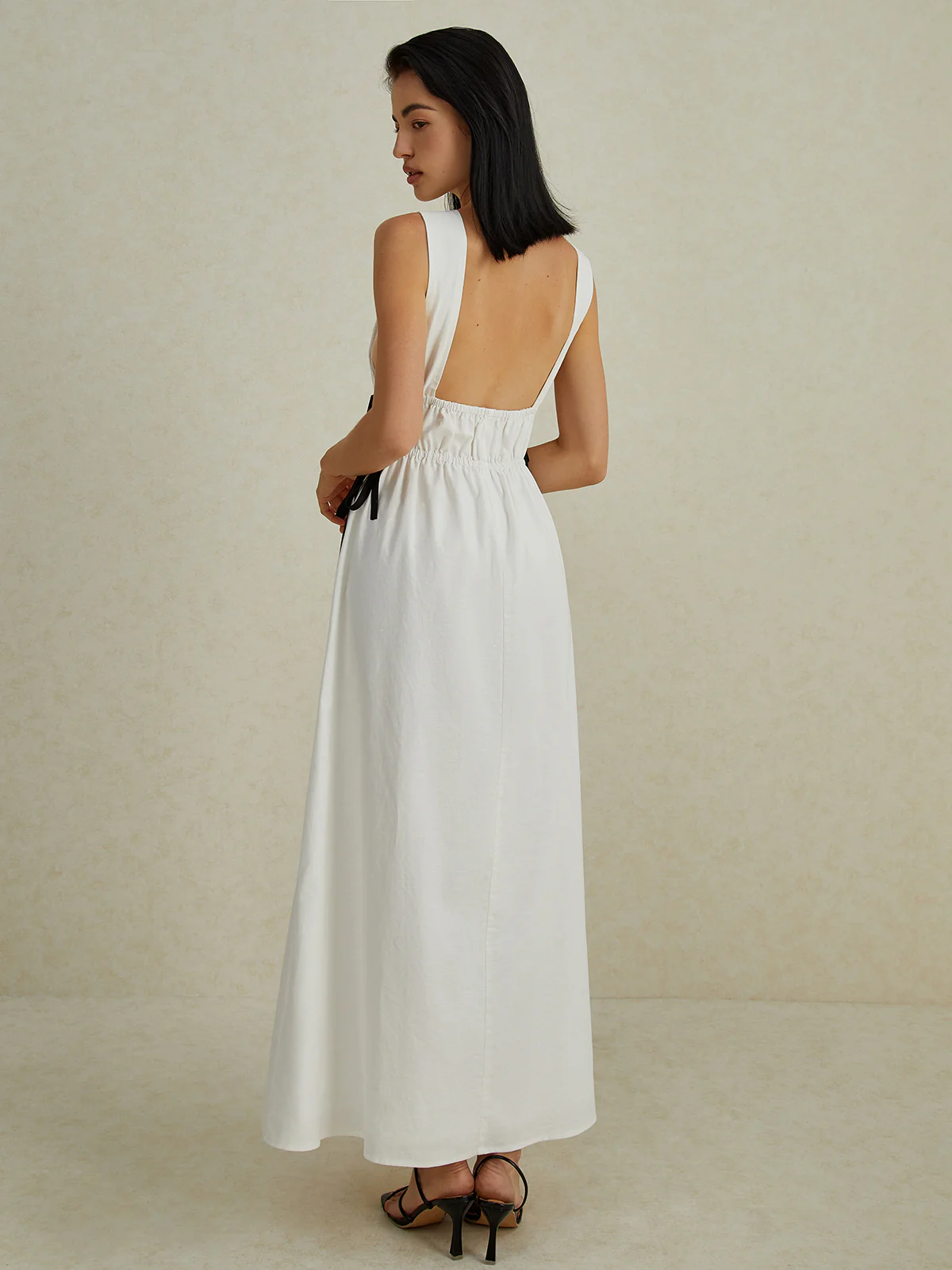 Backless V-neck Drawstring Long Dress - Takermore