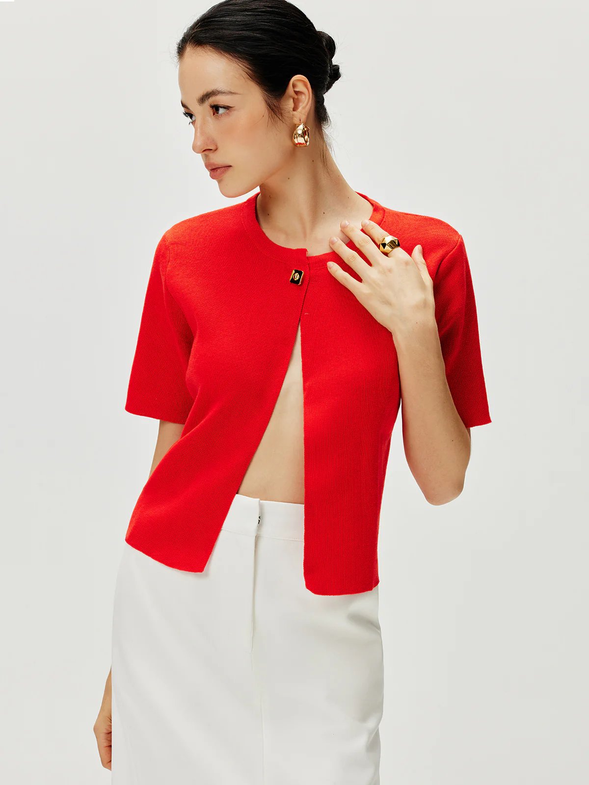 Short Sleeve Button Knit Top - Takermore