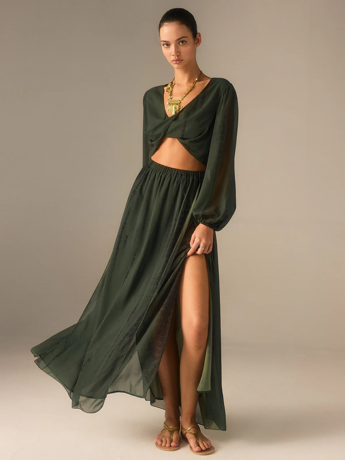 Chiffon Crop Top and Slit Maxi Skirt Set - Takermore