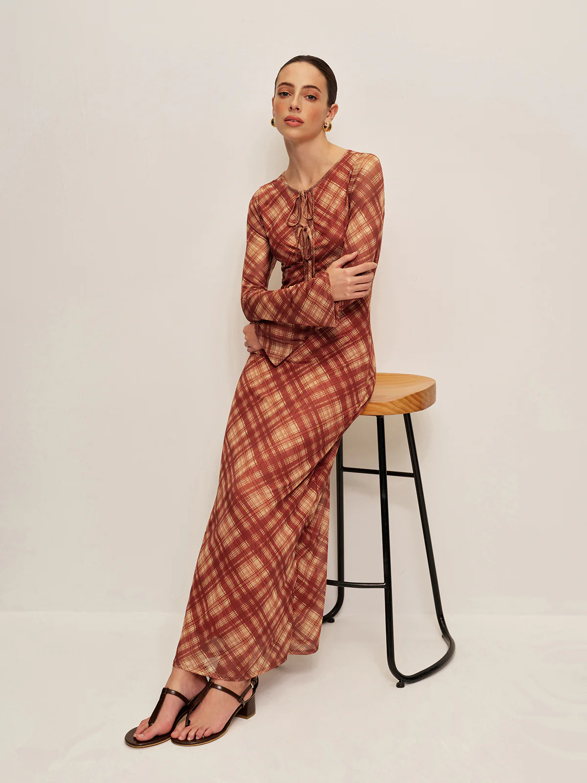 Plaid Tie-Front Long Sleeve Dress - Takermore