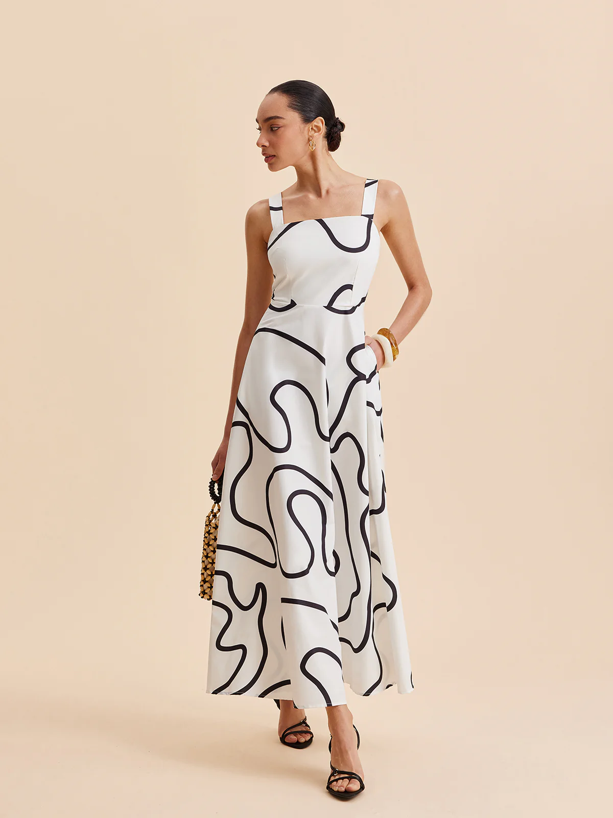 Abstract Line Print Square Strap Dress - Takermore