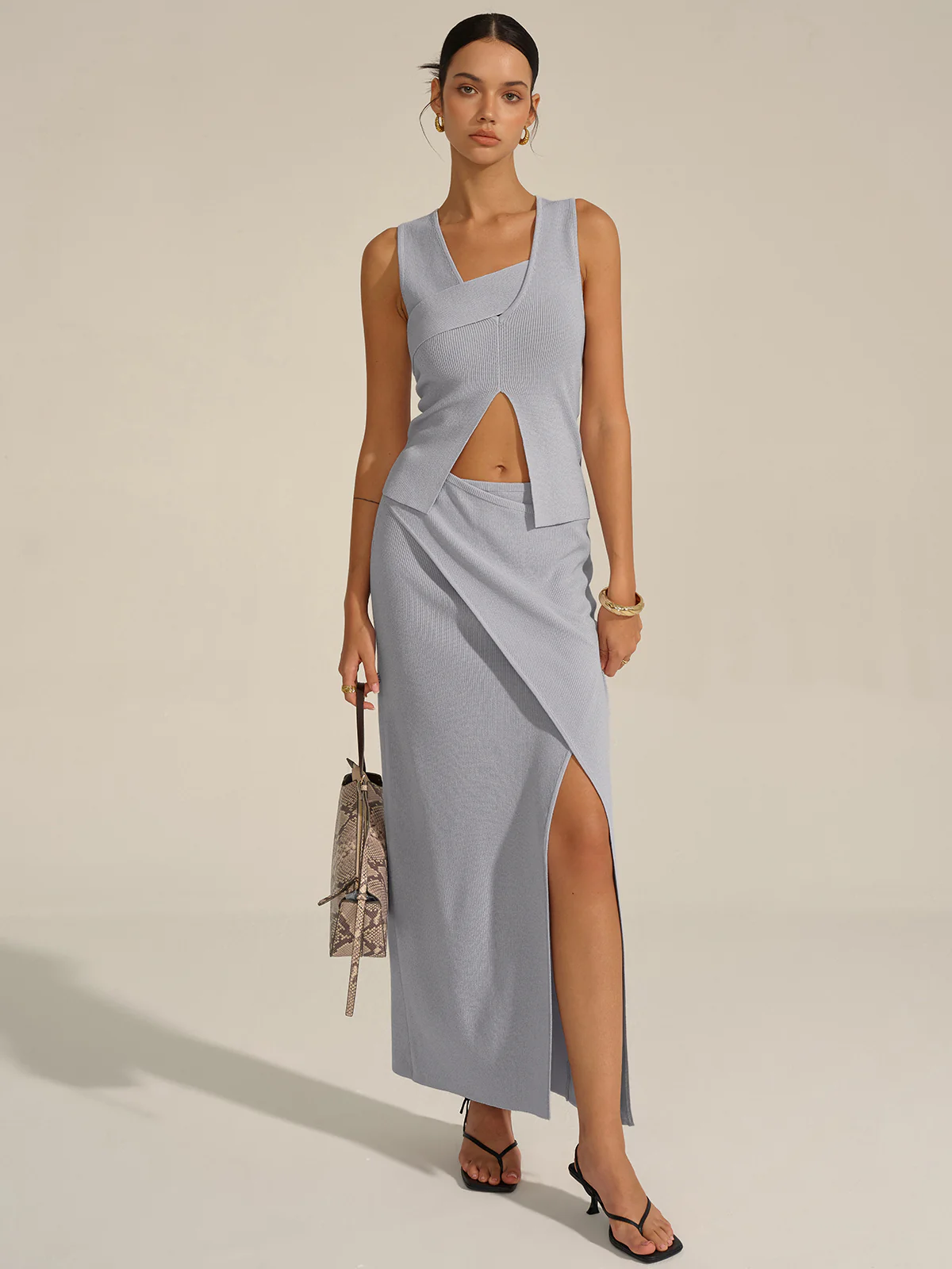 Asymmetrical Slit Knit Skirt Set - Takermore