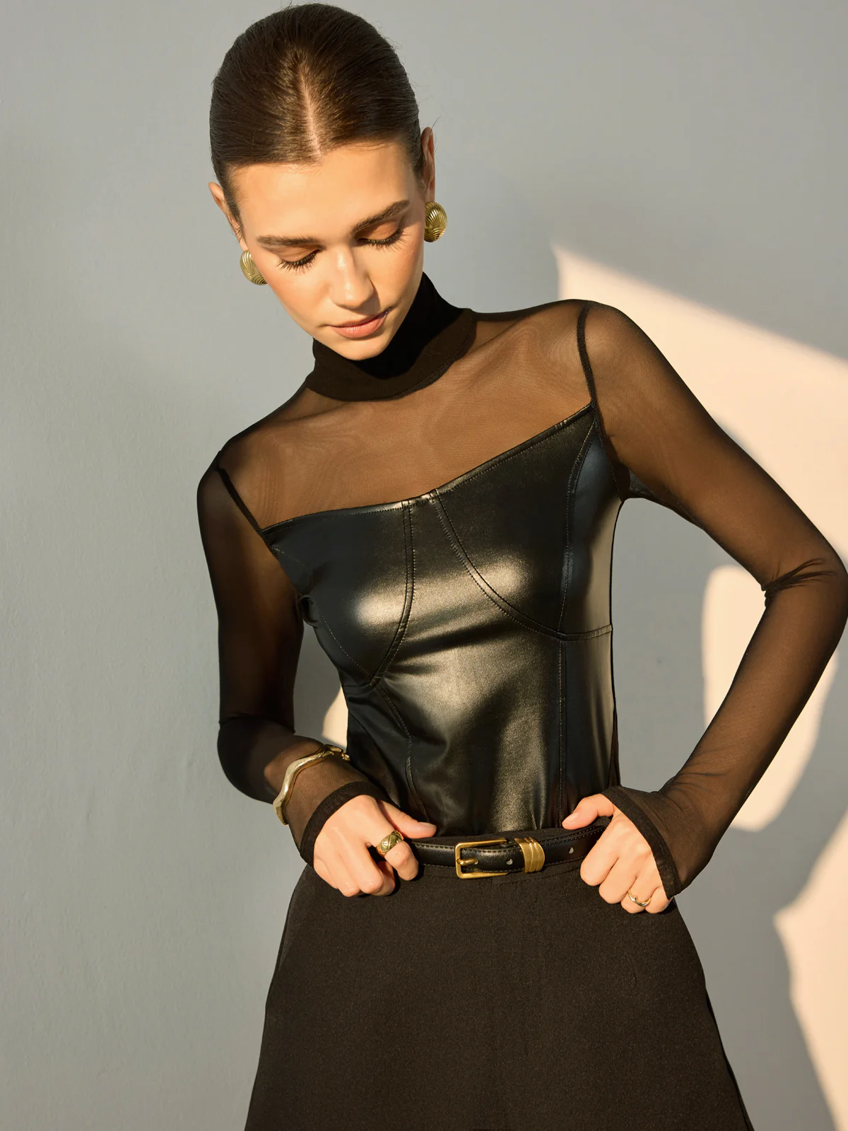 Faux Leather Panel Sheer T-Shirt - Takermore