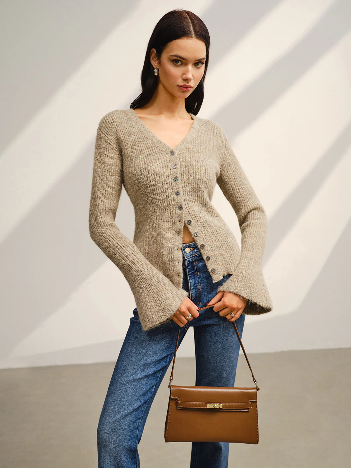 V-Neck Bell Sleeve Button Cardigan - Takermore