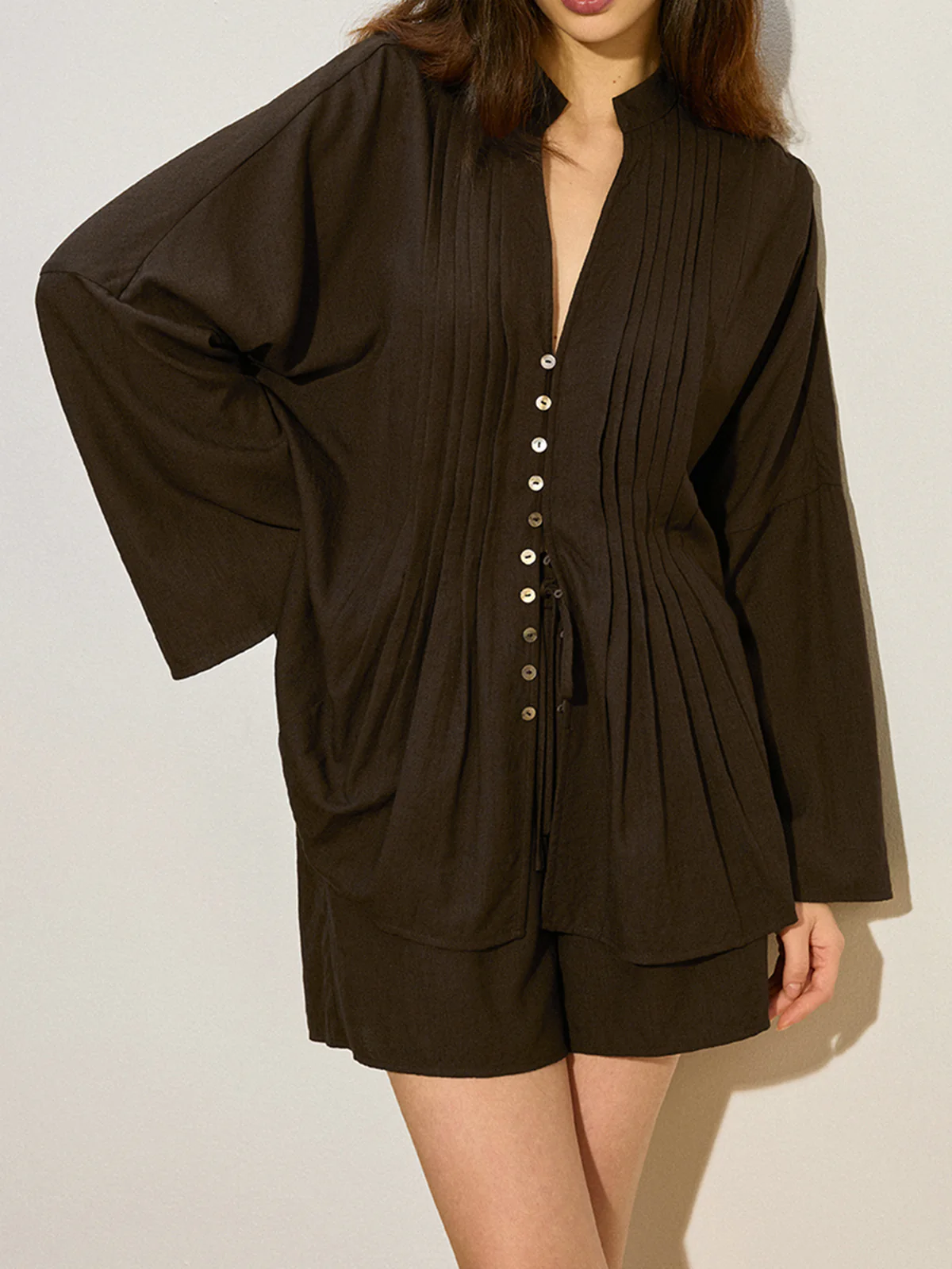 Pleated Button-Front Shorts Set - Takermore