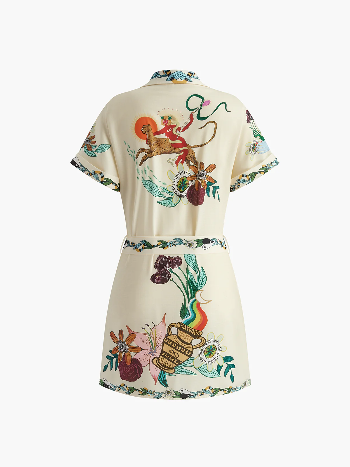 Print Collared Belted Short Dress - Takermore