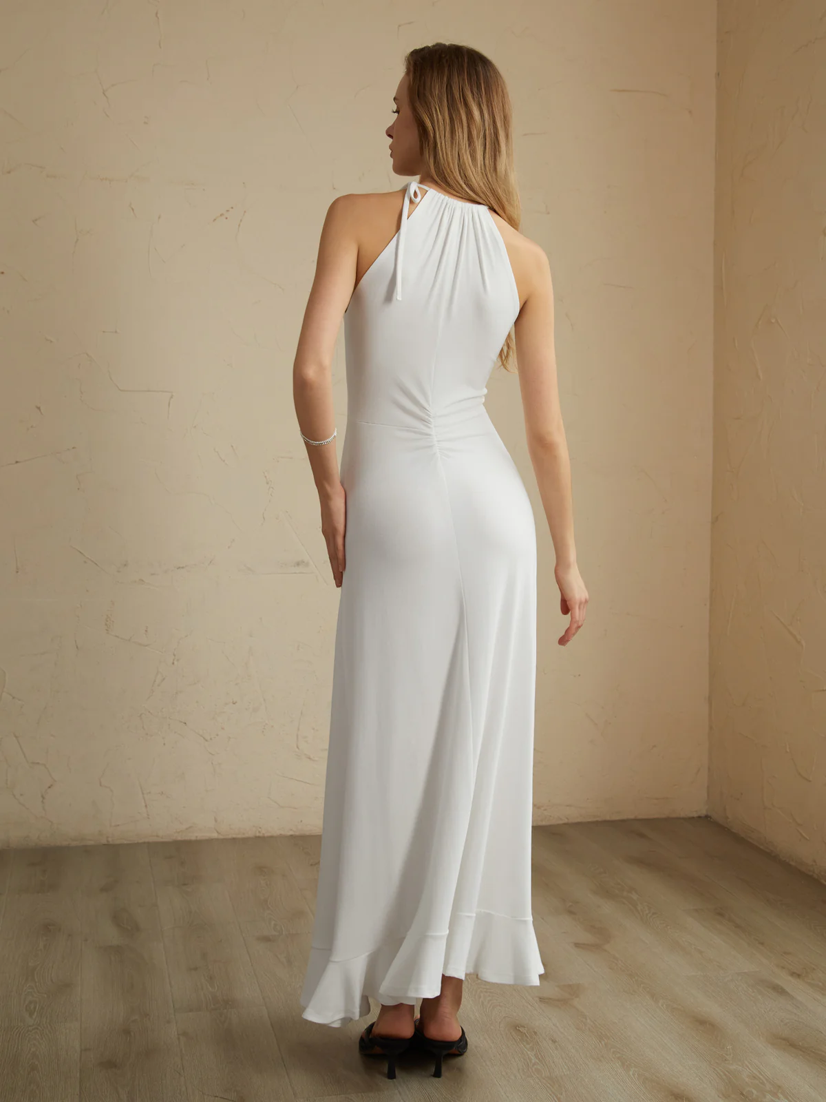 Lace Up Pleated Halter Long Dress - Takermore