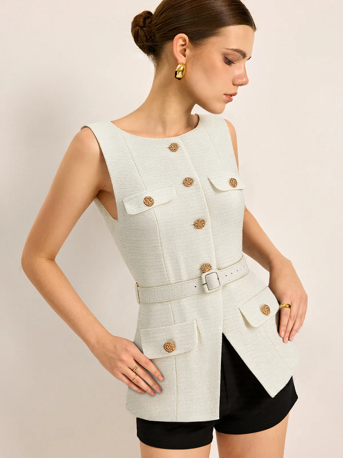 Belted Metal Button Sleeveless Vest - Takermore