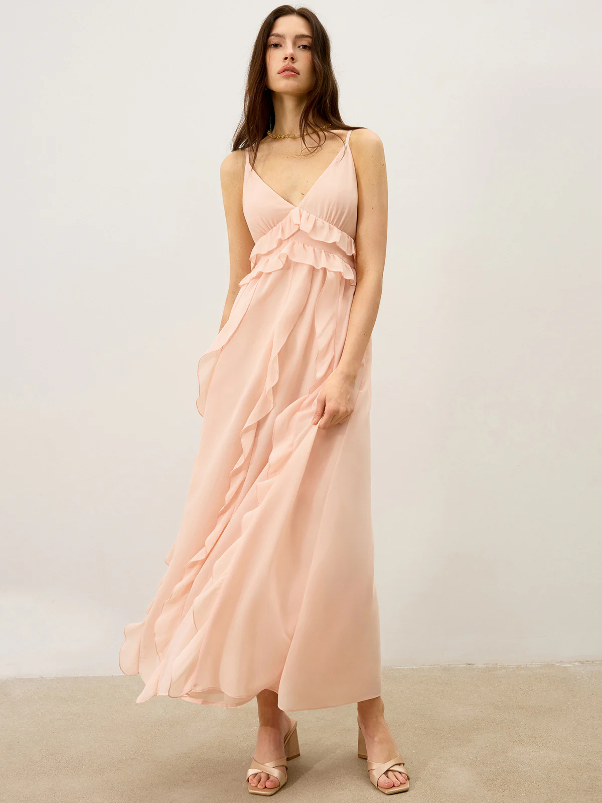 Chiffon Ruffle Trim Maxi Dress - Takermore
