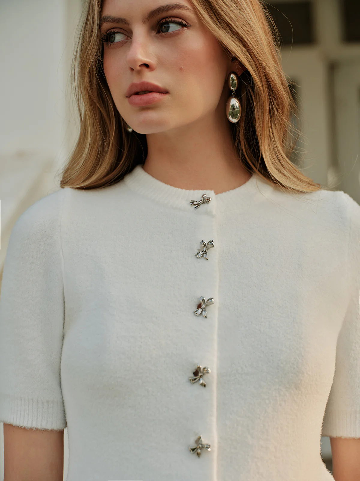 Elegant Bow Button Knit Top - Takermore