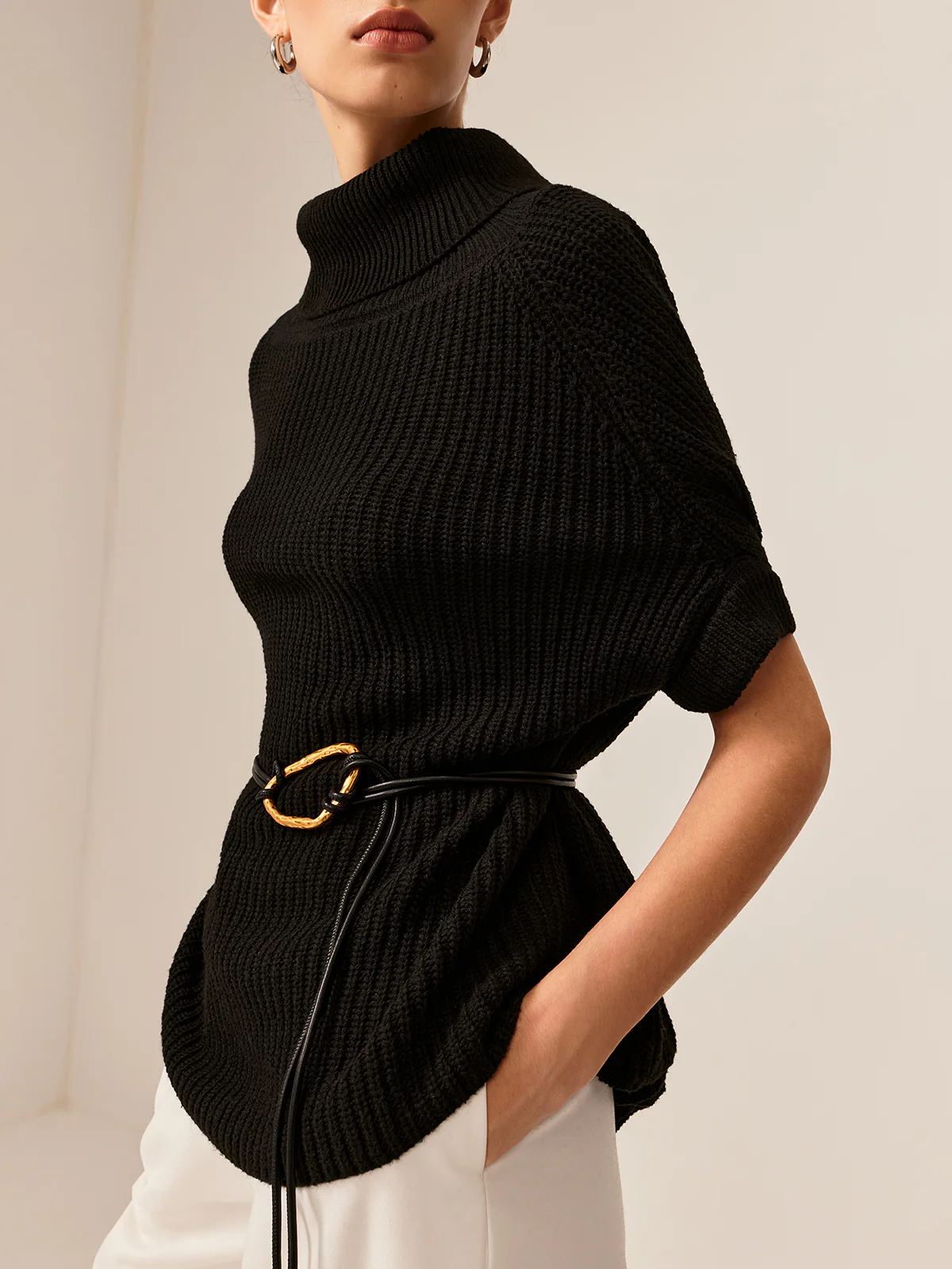 Turtleneck Half-Sleeve Sweater Without Belt - Takermore