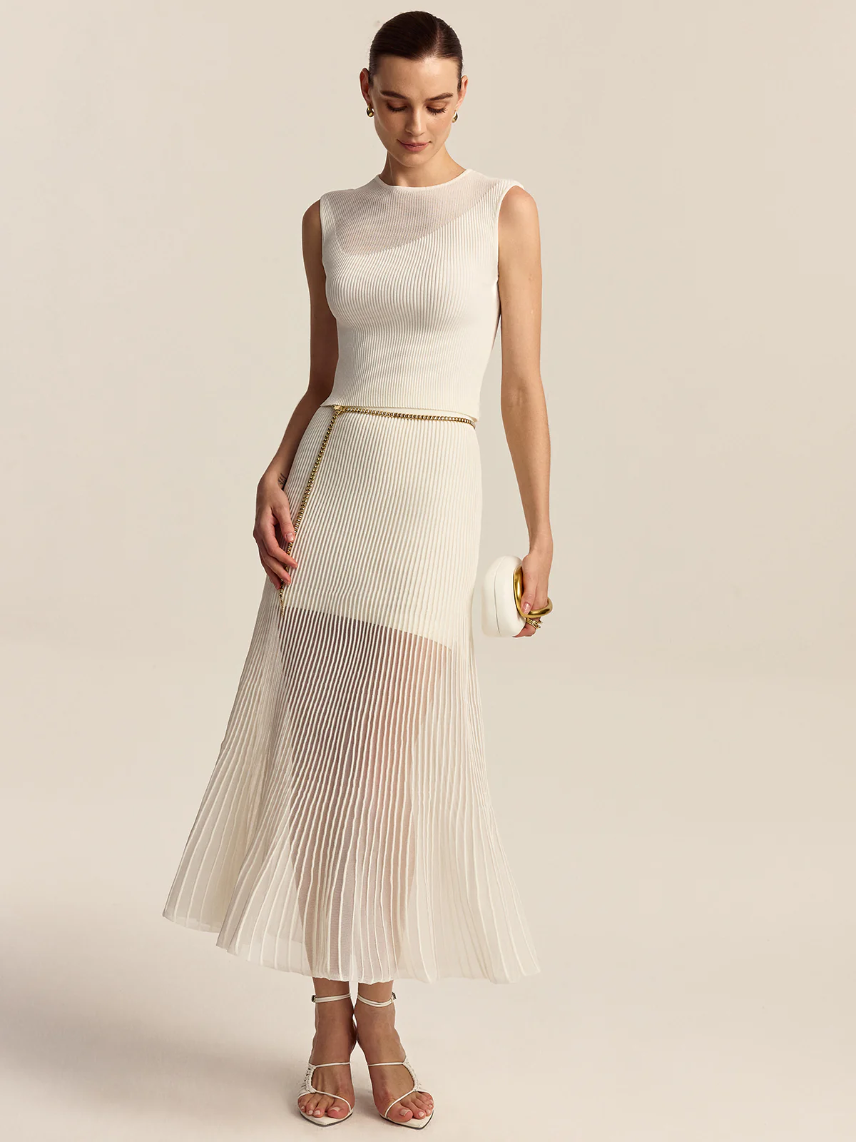 Semi-Sheer Pleated Midi Skirt - Takermore