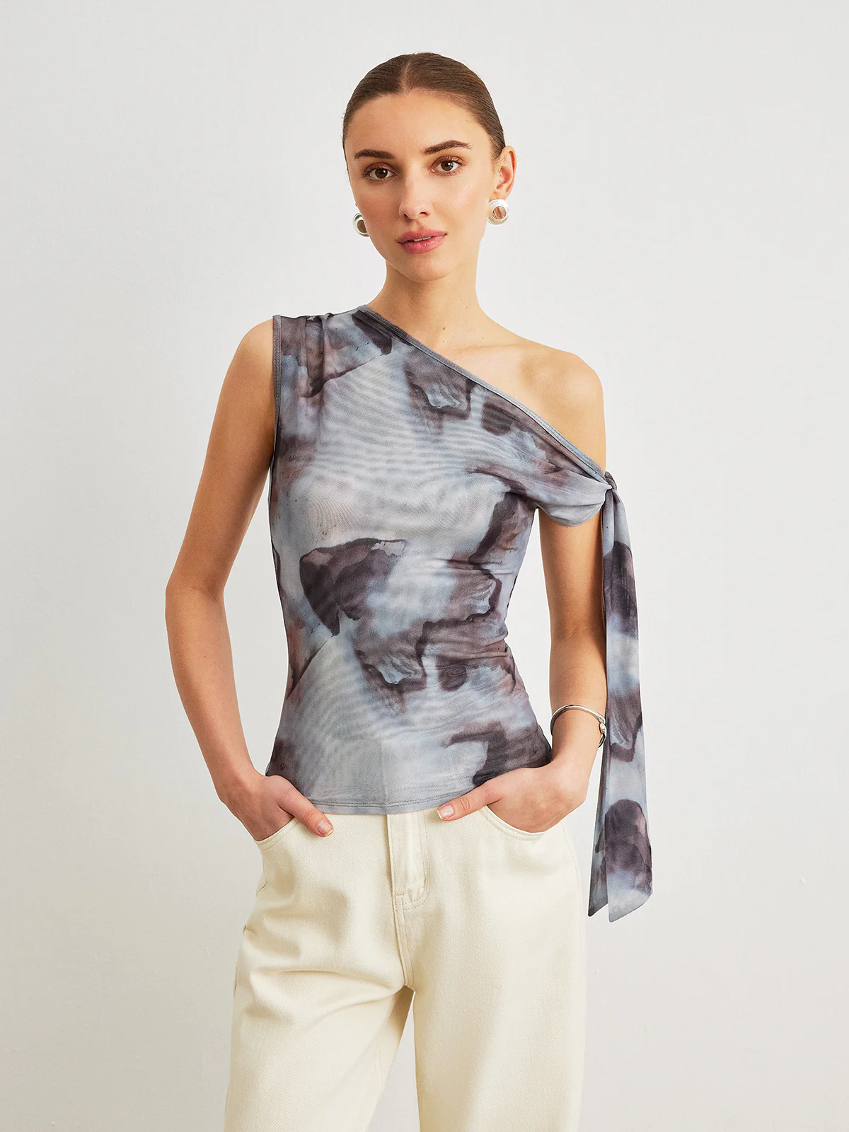 Boho Print  Asymmetrical Neck Mesh Draped Blouse - Takermore