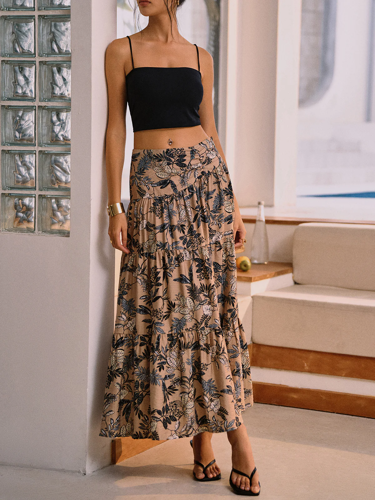 Herbal Harmony Plant Print Split Maxi Skirt - Takermore