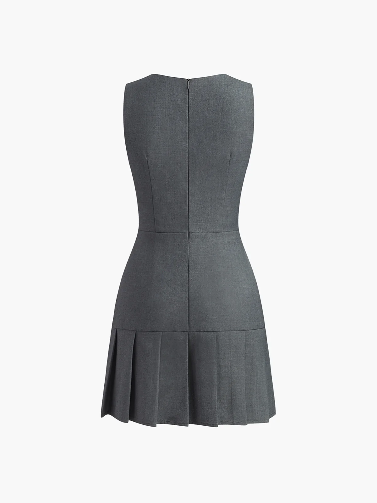 Crew Neck Pleated Zipper Plain Dress - Takermore